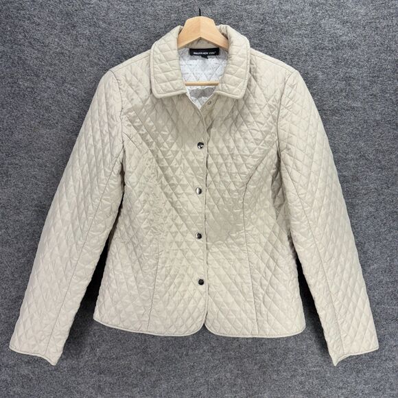 Briggs New York Quilted Jacket Women 10 Beige Button Up Collared Long Sleeve - Picture 1 of 7